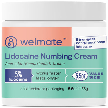 WELMATE 5% Lidocaine Numbing Cream for Hemorrhoids, 5.5 oz - Fast-Acting Maximum Strength Topical Anesthetic, Pain & Burn Relief, Anorectal Cream for Sensitive Skin, Non-Greasy