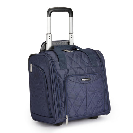 Amazon Basics Underseat Carry-On Luggage with Wheels, 14" Rolling Travel Bag, Fits Under the Seat with Multiple Pockets and Compartments, Navy Quilted