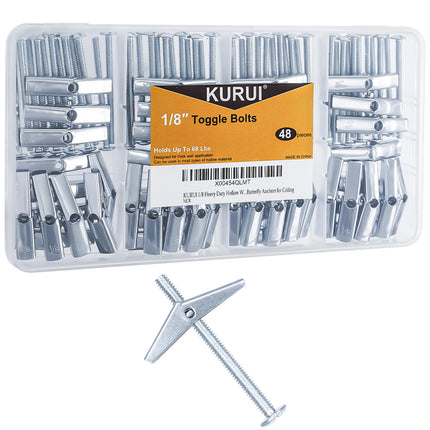 KURUI 1/8 Toggle Bolts for Drywall, 48 Pcs Heavy Duty Metal Drywall Anchors Kit, Dry Wall Anchors and Screws Kit, Butterfly Anchors for Ceiling, Sheetrock, Hollow Wall