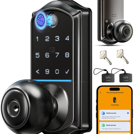 Veise VE018 Smart Knob Handle Lock - Fingerprint, App Control, Keyless Entry for Front Door and Bedroom, Electronic Digital Keypad, Auto Lock, Remote Access Sharing, Easy Installation, Matte Black