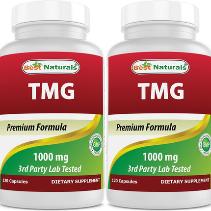 Best Naturals TMG Trimethylglycine (as Betaine Anhydrous) 1000 mg Serving - 120 Capsules - Healthy Homocysteine Levels & Methylation Support (120 Count (Pack of 2))