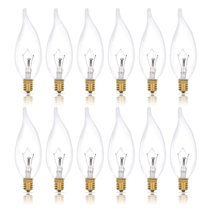Simba Lighting Candelabra Flame Tip Clear CA10 40W E12 Base 120V, 12 Pack