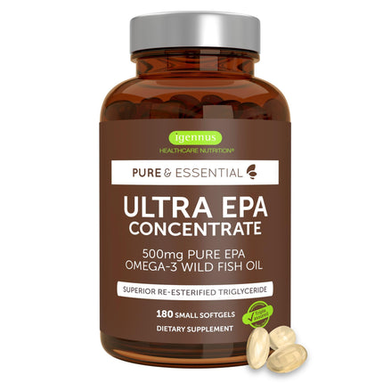 Igennus Ultra Pure EPA Omega-3 500mg, DHA-Free, High EPA rTG, IFOS Certified Fish Oil, Concentrated Triglyceride Form, Non-GMO, 180 Small Softgels