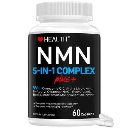 I LOVE HEALTH NMN Complex Plus+ for Women & Men with NAC, Alpha Lipoic Acid, CoQ10 & Resveratrol – 5-in-1 Cellular Energy & Healthy Aging Support – 60 Capsules, Non-GMO, Made in USA
