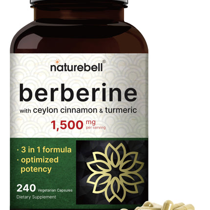NatureBell Berberine Supplement 1,500mg with Ceylon Cinnamon & Turmeric Root, 240 Veggie Capsules | 97% Pure Berberine HCL | Supports Balanced Sugar Levels & Heart Health | Vegan, Non-GMO