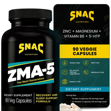 SNAC ZMA-5 Mineral Supplement - Supports Muscle Function, Restful Sleep, Immune Health and Relaxation with Zinc, Vitamin B6, Magnesium and 5-HTP for Sleep, Anxiety, Calmness - 90 Veggie Capsules