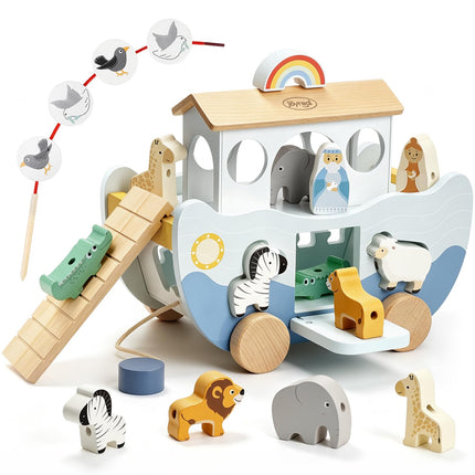 Joyreal Wooden Noah's Ark Toy for 1 Year Old Baby Boy and Girl Baptism Gift
