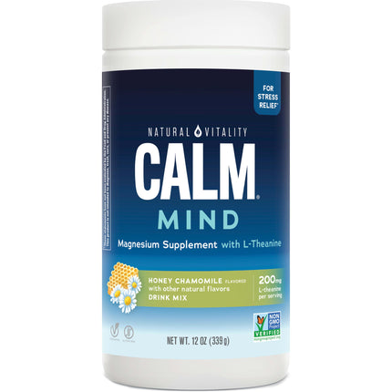 Natural Vitality Calm Mind, Magnesium Citrate + L-Theanine Powder, Supports a Healthy Response to Stress, Gluten Free & Vegetarian, Honey Chamomile, 12 oz.