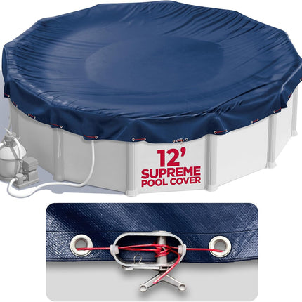 12 ft Round Pool Cover for Above Ground Pools, Above Ground Pool Cover, Swimming Pool Cover, Winter Pool Cover, Keeps Out Debris, Cold and UV Resistant, Supreme Mesh, Navy Blue
