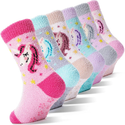EBMORE Girls Kids Toddler Fluffy Socks Grips Non Slip Slipper Socks Warm Winter Cosy Hospital Gifts Socks Stocking Fillers 6 Pairs(Unicorn,4-7 Y)