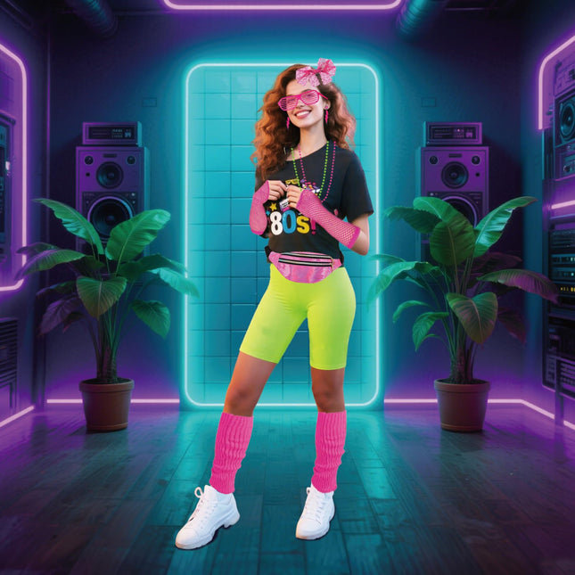 80s Outfit Women Costume Accessories Set T Shirt Shorts Tutu Skirt Neno Party Leg Warmers Headband