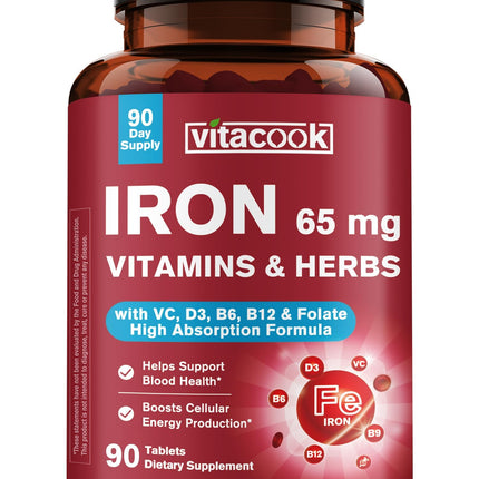 Vitacook Iron Supplement 65mg, with Vitamin C, D3, B6, B12 & Folate, Spinach, Broccoli, Beet Root, Pumpkin Seeds, Dandelion & Carrots, Blood Building & Energy Support, 90 Tablets