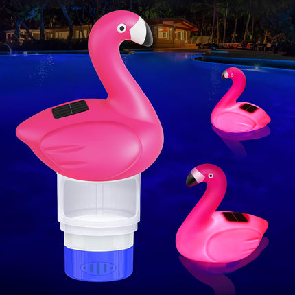 Covfirst Pool Chlorine Floater, 9 in Flamingo Chlorine Floater with Light, Solar Chlorine Floater w/Adjustable Flow, Large Size Chlorine Tablet Floater, Never-Sink Floating Chlorine Dispenser for Pool