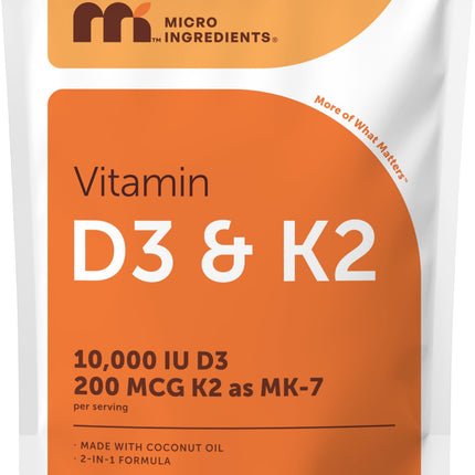Micro Ingredients Vitamin D3 10,000 IU + K2 MK-7 200 mcg Per Serving, 90 Softgels | Extra Strength* 2-in-1 D3 K2 Supplement | Easy-to-Swallow Softgels Made with Coconut Oil | Non-GMO, Gluten Free