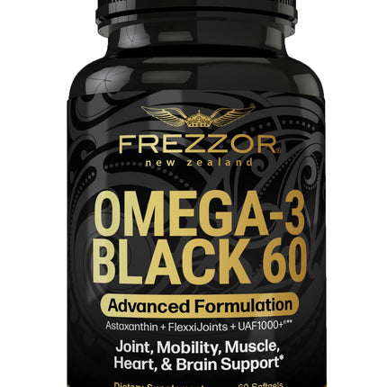 FREZZOR Omega 3 Black for Joint Care & Comfort - New Zealand Green Lipped Mussel Oil Capsules; 53x Higher Potency with UAF1000+ Super Antioxidant, No Fishy Aftertaste, 1-Pack, 60 Softgels