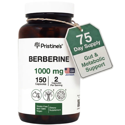 PRISTINE'S Berberine 1000 MG Supplement Capsules - 75 Day Supply 150 Capsules - Heart, & Immunity Health Support Antioxidant - Digestive Tract & Healthy Gut Flora Support Glass Bottle