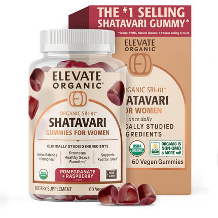 ELEVATE ORGANIC SRI-81™ Shatavari Vegan Gummies for Women, Asparagus racemosus Root Extract with Acti Veda™, Pomegranate and Raspberry (30 Servings)