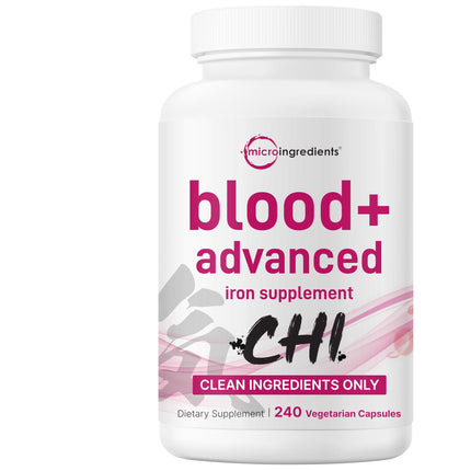 Micro Ingredients Blood+ Advanced Iron Supplement, 240 Veggie Capsules | 14-in-1 Iron Bisglycinate with Folate, Vitamins B, C | Chelated Iron Complex with Botanical Blend | Non-GMO