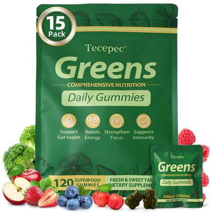 Greens Daily Gummies, Superfood Fruits and Veggies Blend with Spirulina, Chlorella, Prebiotics & Fiber, Adaptogens Multivitamin Supplement for Digestive Health, Non-GMO, 120 Count