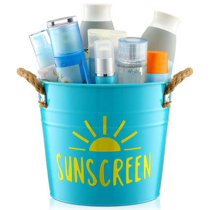 Blulu Sunscreen Holder Storage Pool Spray Bucket Tin Handle Poolside Basket 7.8 x 6.7 x 5.9 Inches Summer Pool Swimming Storage for Outdoor Decor Sunblock Sunglasses Accessories