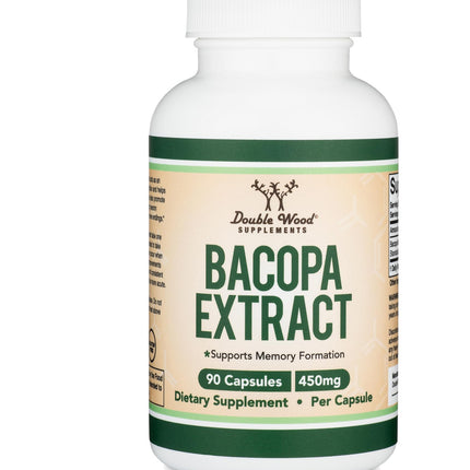 Bacopa Monnieri Capsules 20% Bacosides 450mg, 90 Count (Non-GMO, Gluten Free) Brahmi Extract (Memory Supplement for Brain Health, Focus, and Cognitive Function) by Double Wood