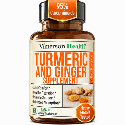 Turmeric and Ginger Supplement with Black Pepper for Joint Support, Digestive & Gut Health - Contains Organic Turmeric with Ginger Root Supplement and BioPerine for Enhanced Absorption - 60 Capsules