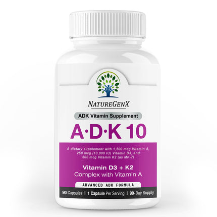 NatureGenX ADK10 – Vitamins A, D3 250 mcg & K2 MK-7 for Bone, Heart & Immune Health – Non-GMO, Gluten-Free, Soy-Free – 90 Capsules (3-Month Supply)