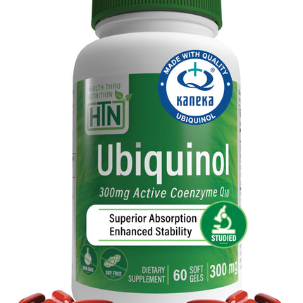 Health Thru Nutrition Ubiquinol 300mg 60 Softgels as Kaneka QH Reduced CoQ-10 | Stabilized - 3rd Party Tested | Enhanced Bioavailability | Cardiovascular & Mitochondria Function Support | Non-GMO