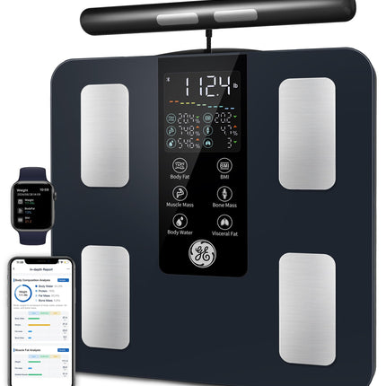 GE Smart Scale for Body Weight: 8-Electrode Digital Bathroom Scale for Weight Fat BMI Muscle Mass Full Body Composition Analyzer 50 Measurements Bluetooth Highly Accurate Weighing Machine 400lb Black