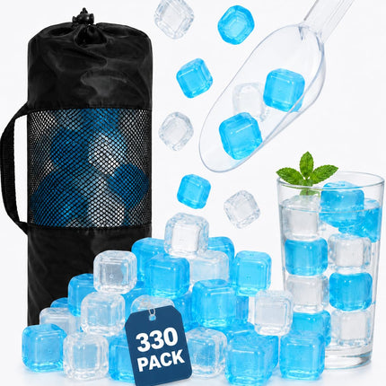 330 Pack Reusable Ice Cubes with Scoop, BPA-Free Refreezable Plastic, Slow-Melting, Fast Freeze 2H, for Whiskey Coffee Juice, Ice Bath, Coolers, Party Camping