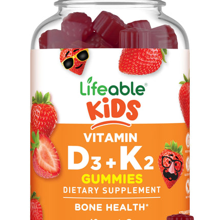 Lifeable Kids Vitamin D3 K2 Gummies | 500iu D3 and K2 100mcg | Great Tasting D3 and K2 Supplements | for Bone Health and Immunity | VIT D3 K2 for Kids | 60 Gummies