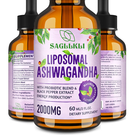 Sagllkli Liposomal Ashwagandha Liquid Drops 2000mg, Ashwagandha Root Extract Supplement (7% Withanolides) with Black Pepper Extract & Probiotics for Focus, Cognition & Energy - 2 FL.OZ (1 Bottle)