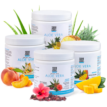 Yes You Can! Aloe Vera Powder Drink Mix - Hydration Booster Infused with Pure Organic Aloe Vera Extract - Delicious Flavors - Made in USA - Antioxidant Rich - Vatiety Flavor - 40 Servings Per Canister (4 Pack)
