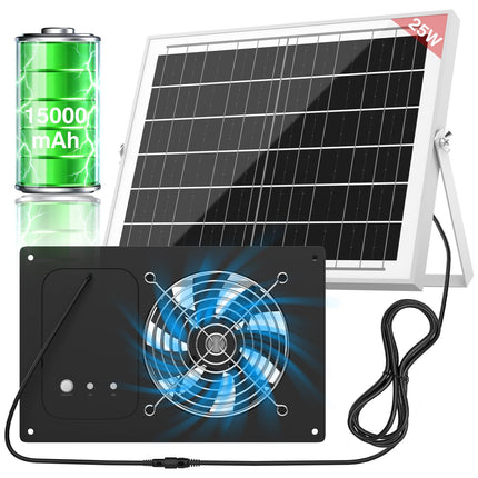 Solar Powered Fan with 15000mAh Battery & Timer, 25W 3500RPM High-Speed Solar Exhaust Fan, Low Noise Waterproof Ventilation for Chicken Coop, Greenhouse, Shed & Pet House