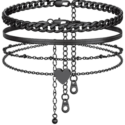 FindChic Cuban Link Anklets for Women Black Ankle Bracelets Waterproof Herringbone Chain Layered Foot Jewelry