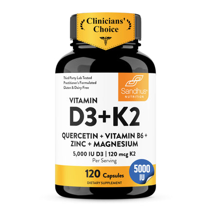 Sandhu's Vitamin D3 K2 Magnesium 5000 IU, 120mcg K2 Capsules 120 Count (Pack of 1) | with VIT B6, Zinc & Quercetin | D3K2 Supports Superior Absorption, Energy, Immune, Muscle Health for Men & Women