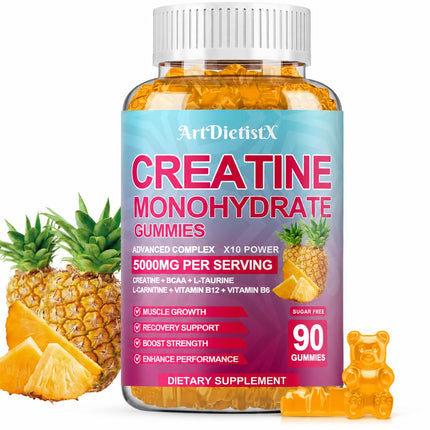 Creatine Monohydrate 5000mg Gummies with BCAA, L-Carnitine, Taurine & Vitamin B12 - Pre Workout Supplement for Muscle Growth, Strength & Energy - Pineapple Flavor Gummies, 90 Count for Men & Women