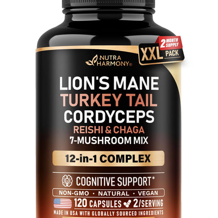 Mushroom Supplement - Organic Lions Mane | Turkey Tail | Chaga | Cordyceps | Reishi | Maitake | Shiitake | Meshima | Tremella | Oyster | Agaricus - for Women & Men - Non GMO, Gluten Free, 120 Capsules
