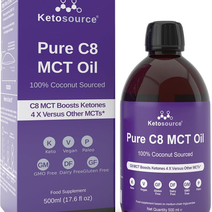 Ketosource Premium Pure C8 MCT Oil | Boosts Ketones 3X More Than Other MCTs | Highest 99.8% Purity | Supports Keto Nutrition & Fasting | BPA-Free Bottle (17.6oz) | Vegan Friendly & Gluten Free