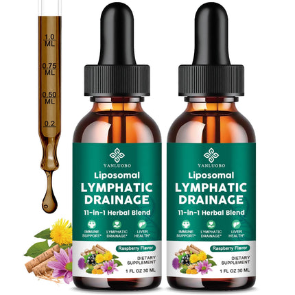 Lymphatic Drainage Drops - 11 in 1 Lymphatic Supplement for Immune, Lymph System & Liver Detox - with Echinacea, Horse Chestnut, Dandelion, Elderberry & Burdock - Raspberry Flavor, Vegan, 2 Fl Oz