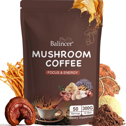 Mushroom Coffee, 6 Adaptogenic Mushrooms (Lion's Mane, Cordyceps, Turkey Tail & Other) Mixed with Premium Instant Coffee for Focus, Energy, Immune and Gut Health Support, 50 Servings