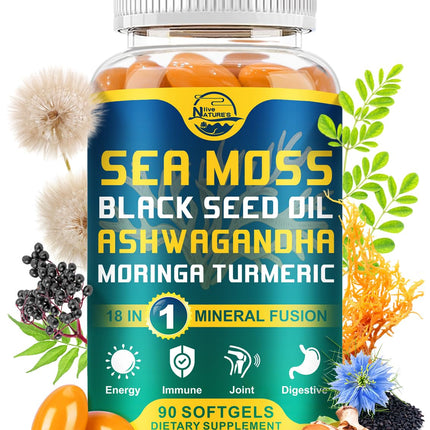 Nature's live Organic Sea Moss Softgels with Black Seed Oil, Ashwagandha, Bladderwrack, Ginger, Burdock Root, Manuka Honey, Cinnamon for Immune System, Skin, Energy, 90 Softgels, 2 Pack