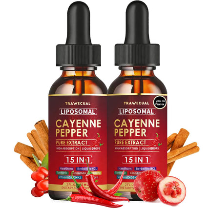2 Pack Liposomal Cayenne Pepper Drops | 120ml Total, with 15 Natural Ingredients, Vitamin D3, K2, Hawthorn, Berberine, Beet Root, Turmeric – Supports Digestion & Circulatory Health – 4 Fl Oz /2 Months