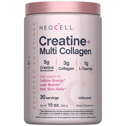 NeoCell Creatine Monohydrate Powder | 10 oz | with Multi Collagen Peptides | Hair, Skin & Nails Supplement | Unflavored | for Women and Men