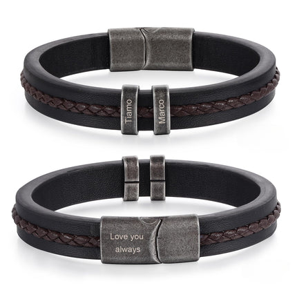 Jeweidea Gifts for Father's Day Personalized Leather Bracelet with Name Beads, Custom Braided Bangle Engraved Jewelry for Men Dad Him Husband (2 Names)