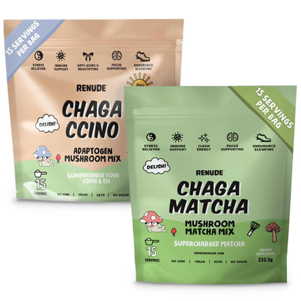 Renude Chaga Matcha and Chagaccino - Chaga Mushroom Powder for Coffee and Matcha, Mushroom Drink Mix with Adaptogens, Natural Energy and Immune Support, Vegan, Keto - 15 Servings Each