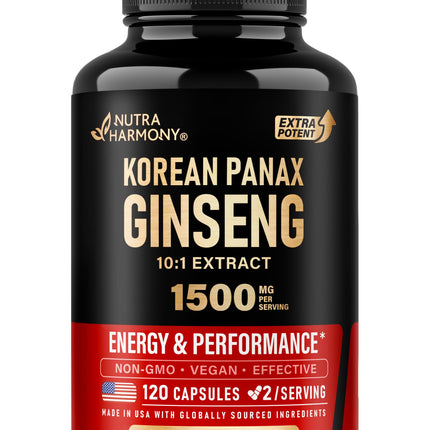Panax Ginseng 1500 mg - Red Korean Ginseng Supplement for Men - Extra Strength 10:1 Extract - Energy, Focus, Productivity & Performance - Natural & Vegan - Lab Tested - 120 Capsules, 2 Month Supply