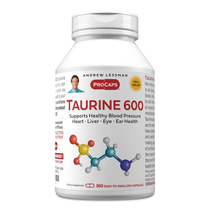 ANDREW LESSMAN Taurine 600-360 Capsules - Supports Healthy Blood Pressure, Heart, Liver, Eye and Ear Health. Pure, High Potency Source of The Amino Acid Taurine. No Additives