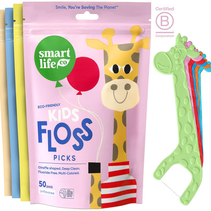 SmartLifeco Eco-Friendly Kids Flossers (200ct) - Dental Floss Picks for Children Made with Straw Wheat, Fluoride & PFA Free, Toothpick Flossing Sticks for Toddler Teeth, No Shred Thread, Unflavored