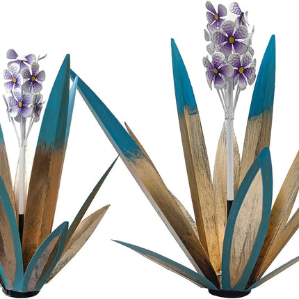 LCJECV Metal Agave Plant Garden Art, 2 Pack Tequila Rustic Sculpture, Rustic Metal Agave Plants Lawn Home Ornaments, for Yard Stakes, Garden Figurines, Outdoor Patio (2 PCS Purple Flowers)